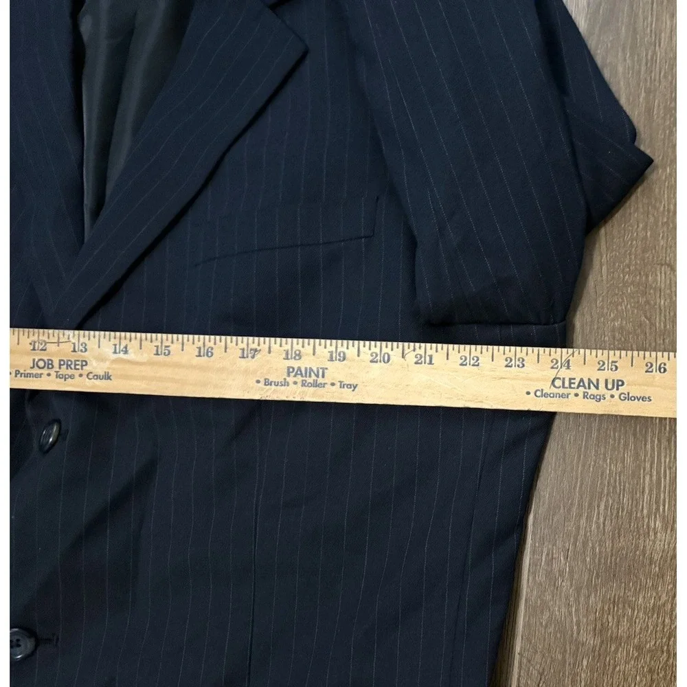 Merona 44R 2PC Suit Blazer Men Pants 36x30 Poly Blend Deep Navy Blue Gray Stripe